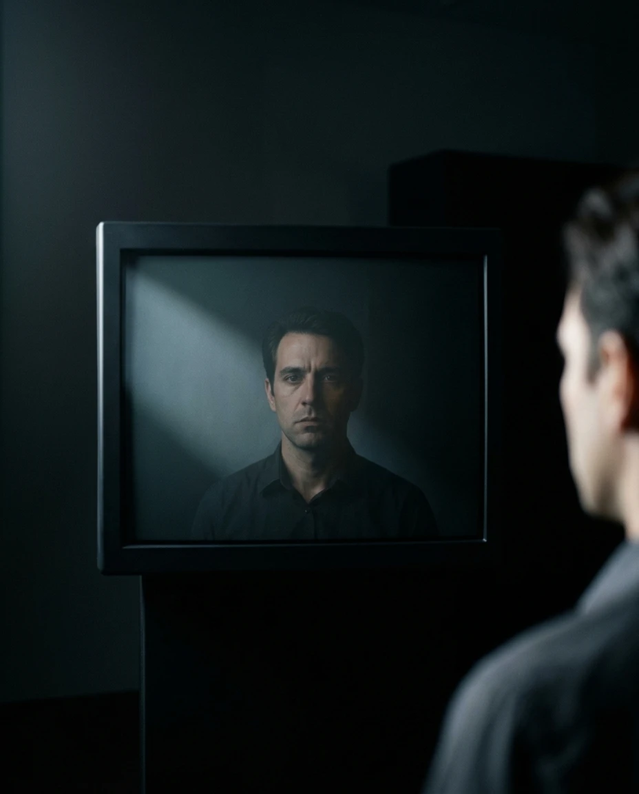 Un homme de dos regarde son propre portrait affiché sur un écran, dans une pièce sombre.
