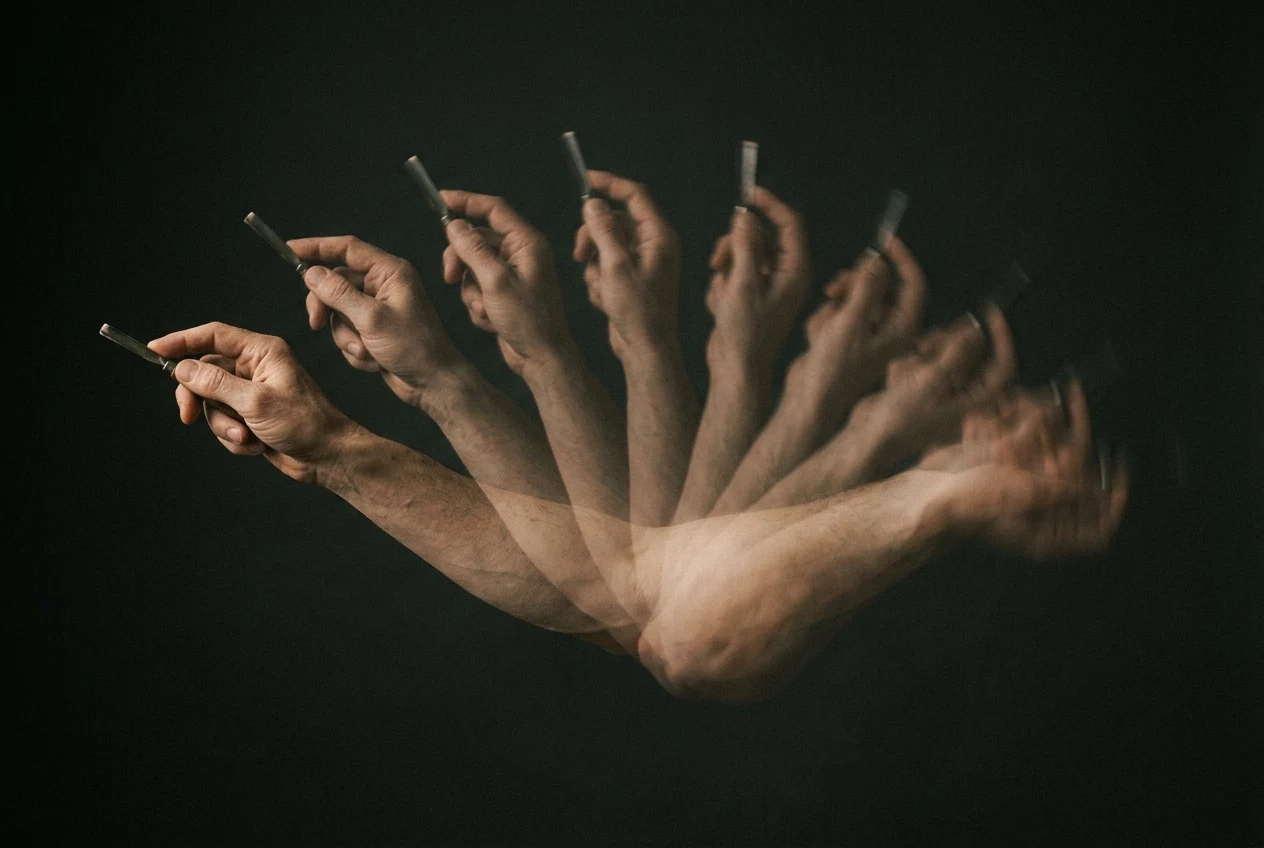 Chronophotographie : un bras tenant un ciseau à bois, décomposé en une dizaine de positions qui balaient l’image de gauche à droite, sur fond sombre.