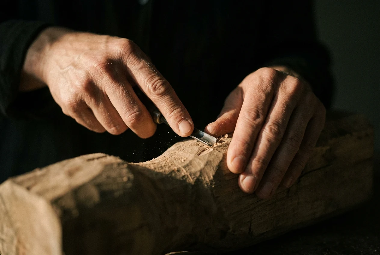 Les mains d’un artisan, une gouge dans la main droite, creusent une pièce de bois dans une lumière rasante.