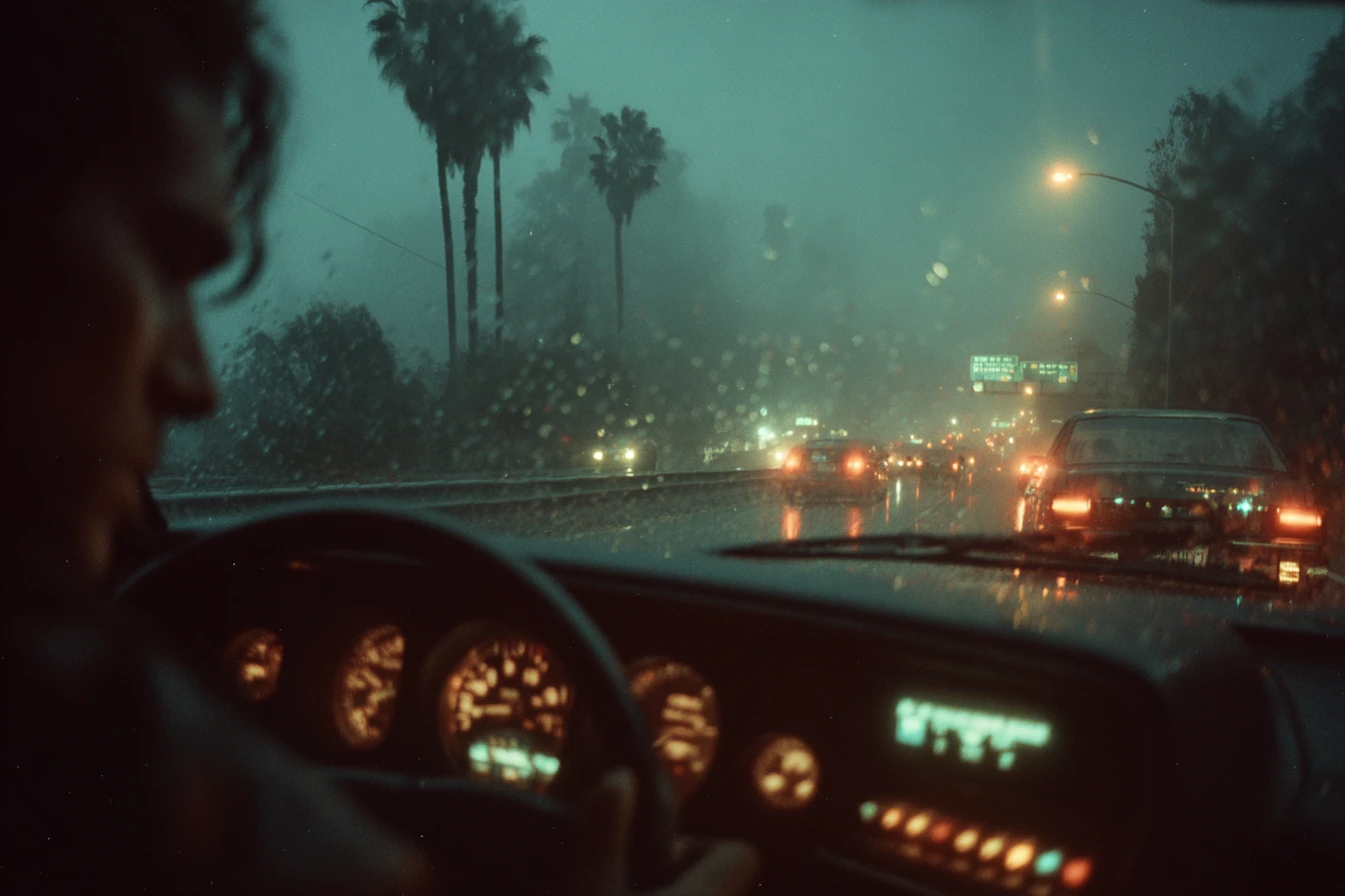 Au volant sous la pluie, entre Palo Alto et San José : le tableau de bord, les palmiers et les feux de la file de voitures.